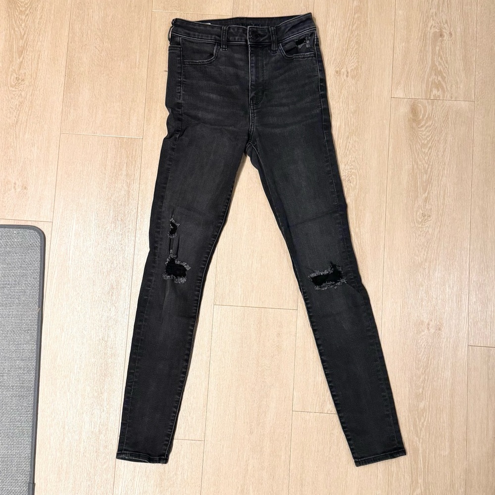 American Eagle Outfitters Black Ripped High-Rise Skinny Jeans LONG